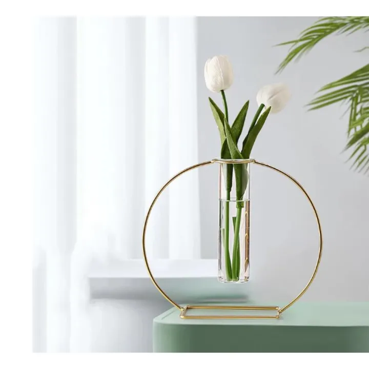 Retro Iron Line Vase Geometric Iron Art Hydroponics Glass Vase Flower Stand