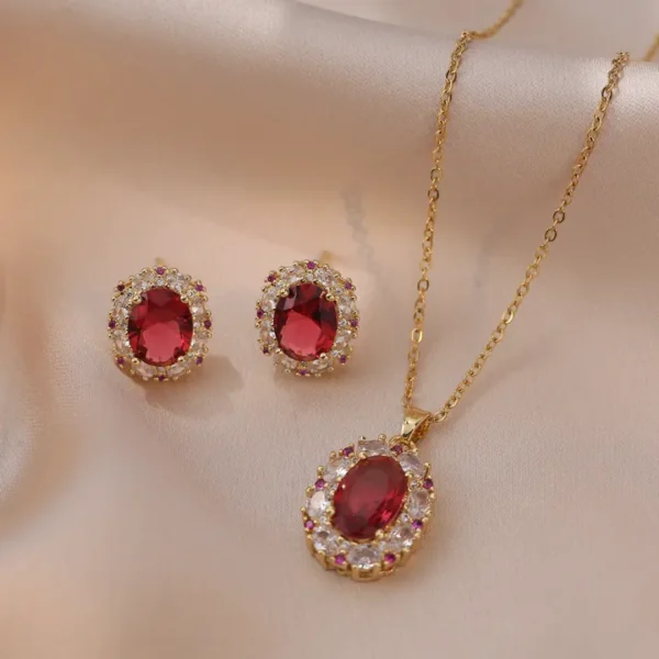 Red Stone Oval Stud Earrings Pendants Clavicle Necklaces